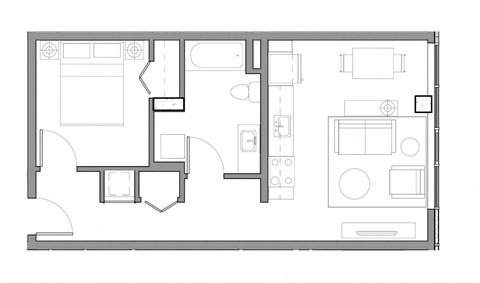 Floor plan for 1 bed, 1 bath, 567 sqft